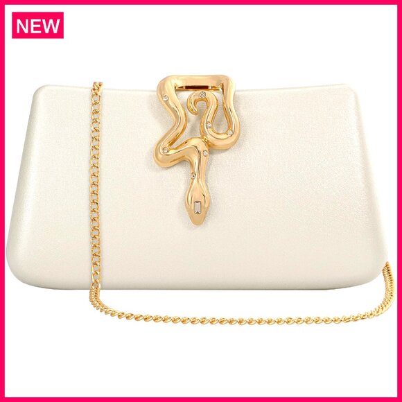 Formal Evening Clutch with Detachable Strap, Snake Clasp, Synthetic Leather